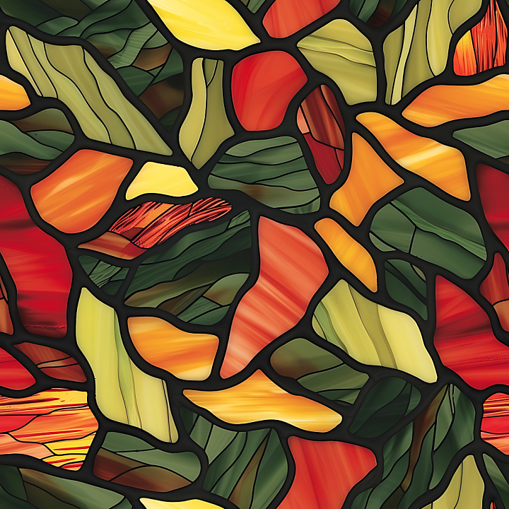 Stylized Stained Glass Camouflage with Autumn-Inspired Color Palette seamless PBR texture preview