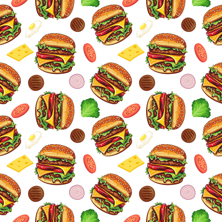 Pattern Featuring Cartoon Burgers and Fresh Ingredients seamless PBR texture preview