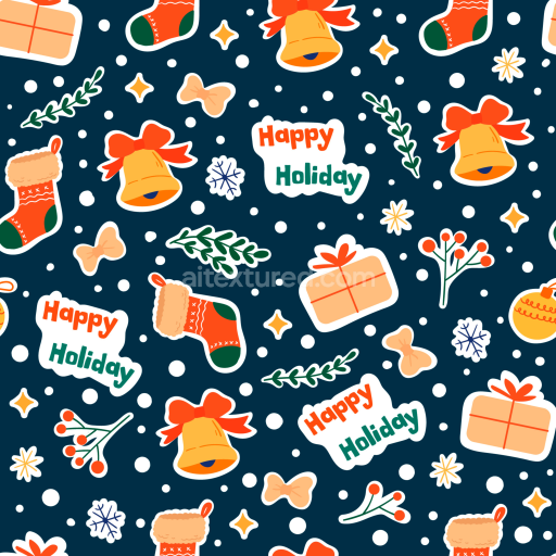 Seamless 3D PBR Digital Paper Texture with Festive Christmas Icons and Happy Holiday Text