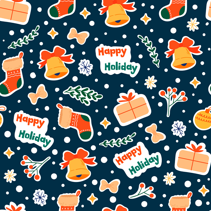 Digital Paper with Festive Christmas Icons and Happy Holiday Text seamless PBR texture preview