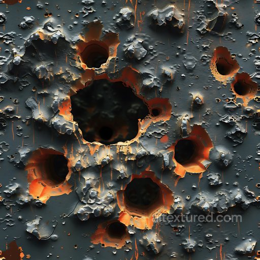 Cracked & Holes Texture of Rusted Metal with Deep Holes and Peeling Layers seamless Cracked & Holes PBR texture