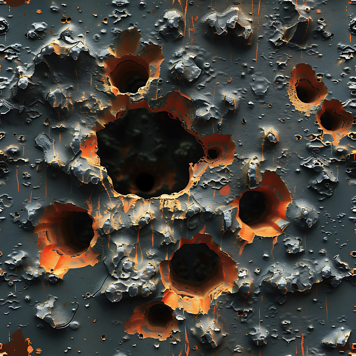 Cracked & Holes of Rusted Metal with Deep Holes and Peeling Layers seamless PBR texture preview