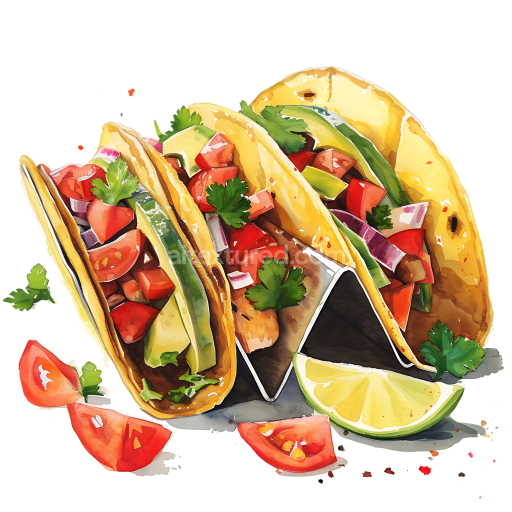 Baja Fish Tacos Breakfast Illustration with Fresh Toppings and Lime