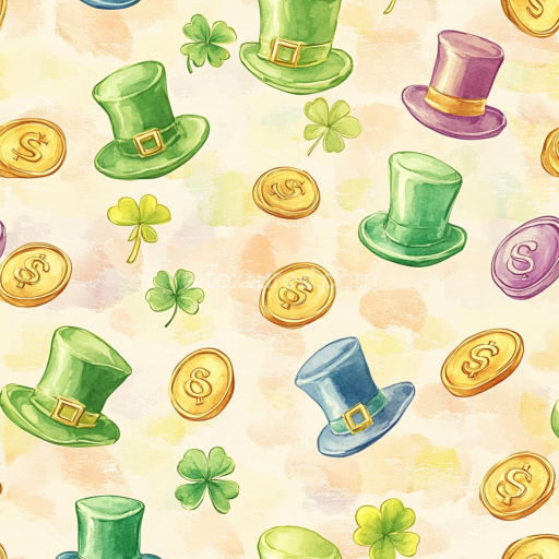 Seamless 3D PBR texture featuring watercolor St Patrick hats and shamrocks