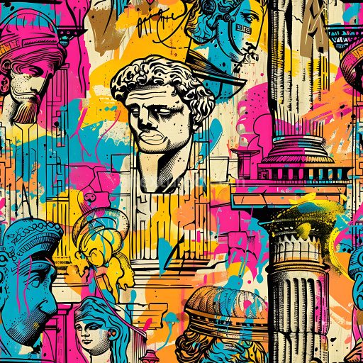 Seamless 3D PBR texture with vibrant graffiti art and ancient bust motifs