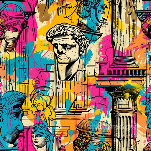 Seamless 3D PBR texture with vibrant graffiti art and ancient bust motifs texture preview