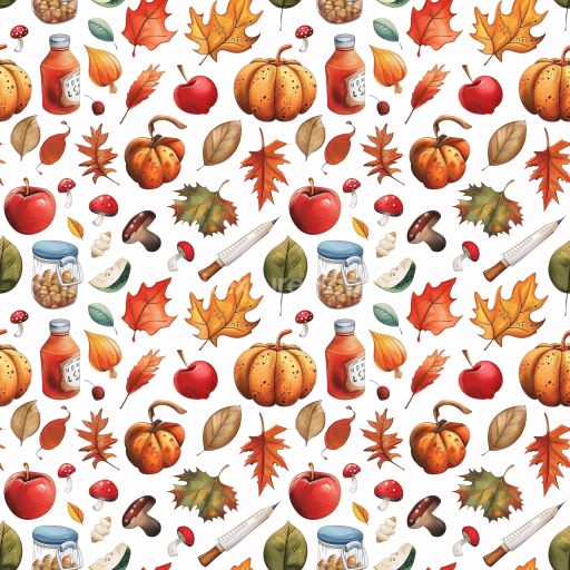 Seamless 3D PBR Texture Featuring Hand-Drawn Thanksgiving Icons and Autumn Leaves