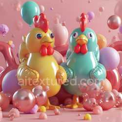 seamless Seamless 3D Inflated PBR Texture Featuring Glossy Vinyl Cartoon Chickens in Pastel Colors texture 8k free download PBR