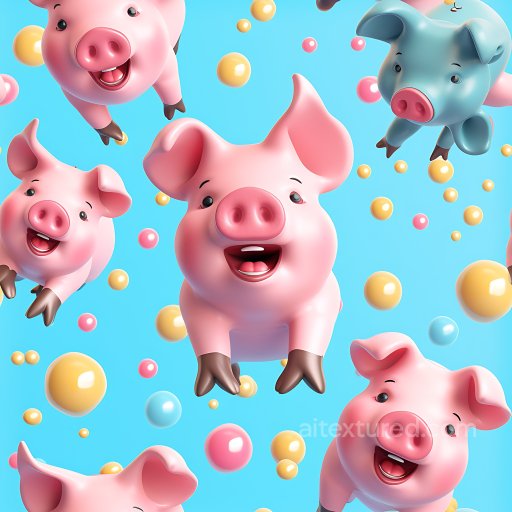 Inflated PBR Texture with Playful Pink Vinyl Cartoon Pigs and Glossy Bubbles seamless Inflated PBR texture