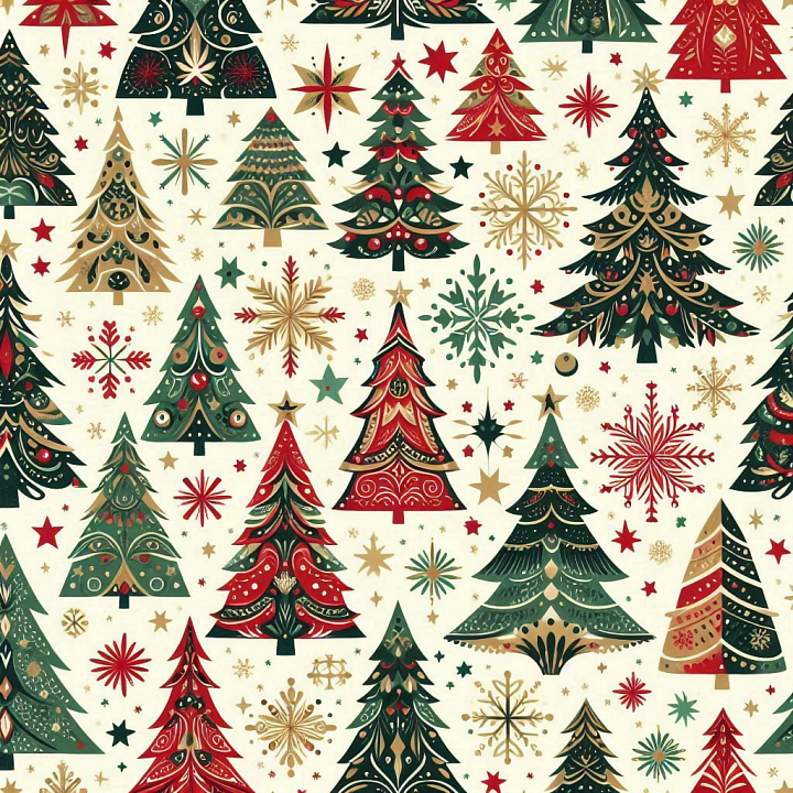 Christmas Tree Pattern Digital Paper In Red, Green, And Gold seamless PBR texture preview