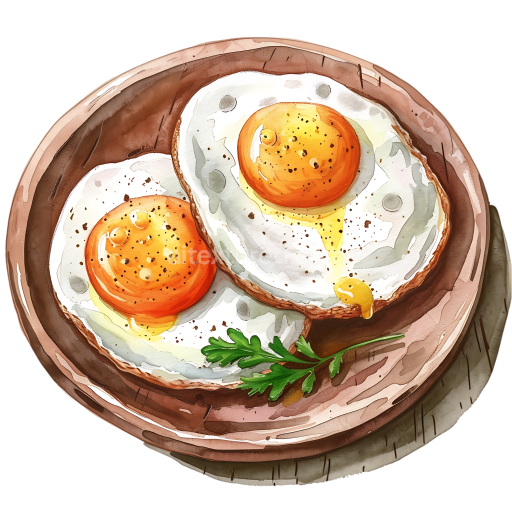 Watercolor Fried Eggs Breakfast Illustration with Fresh Parsley on Wooden Plate