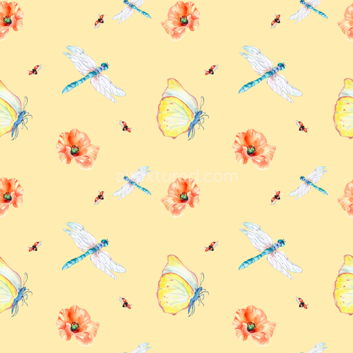 Seamless 3D PBR Texture with Delicate Hand-Painted Dragonfly and Butterfly Pattern