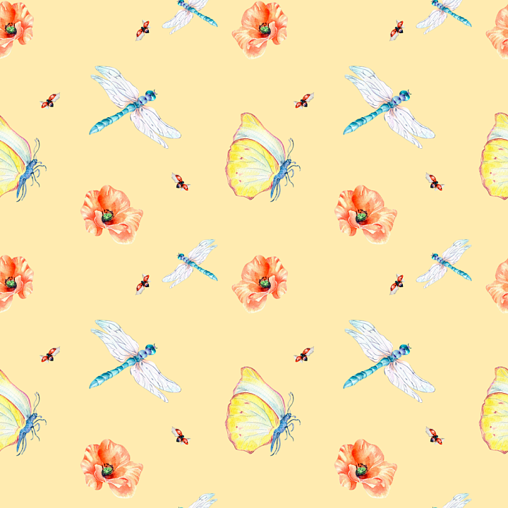 with Delicate Hand-Painted Dragonfly and Butterfly Pattern seamless PBR texture preview