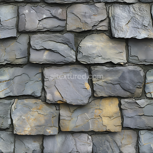 Seamless 3D Weathered Stone Wall PBR Texture Featuring Rough Slate Blocks with Natural Cracks and Earthy Tones