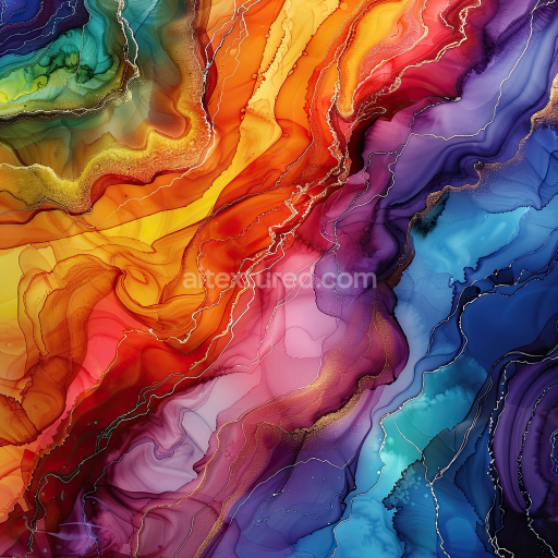 Seamless 3D Alcohol Ink PBR Texture with Vibrant Rainbow Fluid Waves and Gold Veins