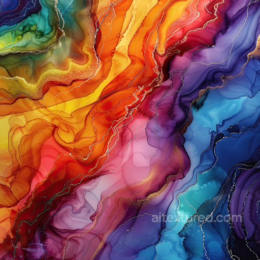 Alcohol Ink PBR Texture with Vibrant Rainbow Fluid Waves and Gold Veins seamless Alcohol ink PBR texture