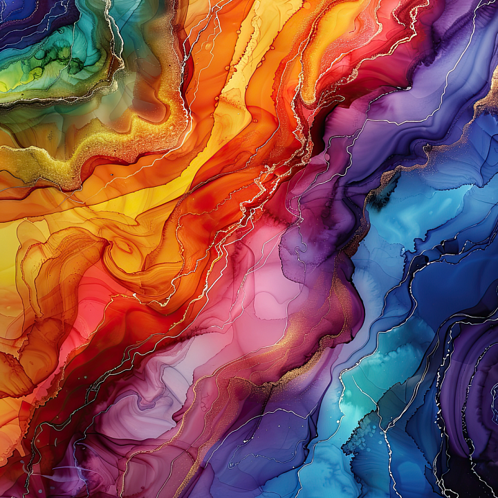 Alcohol Ink with Vibrant Rainbow Fluid Waves and Gold Veins seamless PBR texture preview