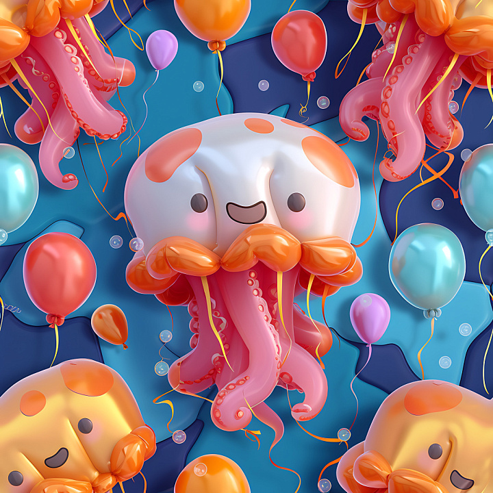 Inflated Vinyl with Playful Octopus Plush Pattern in Bright Colors seamless PBR texture preview