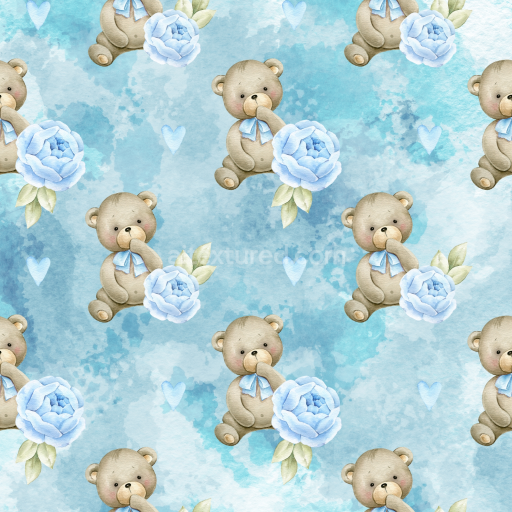 Seamless 3D PBR Texture of Soft Baby Boy Teddy Bear with Blue Flowers