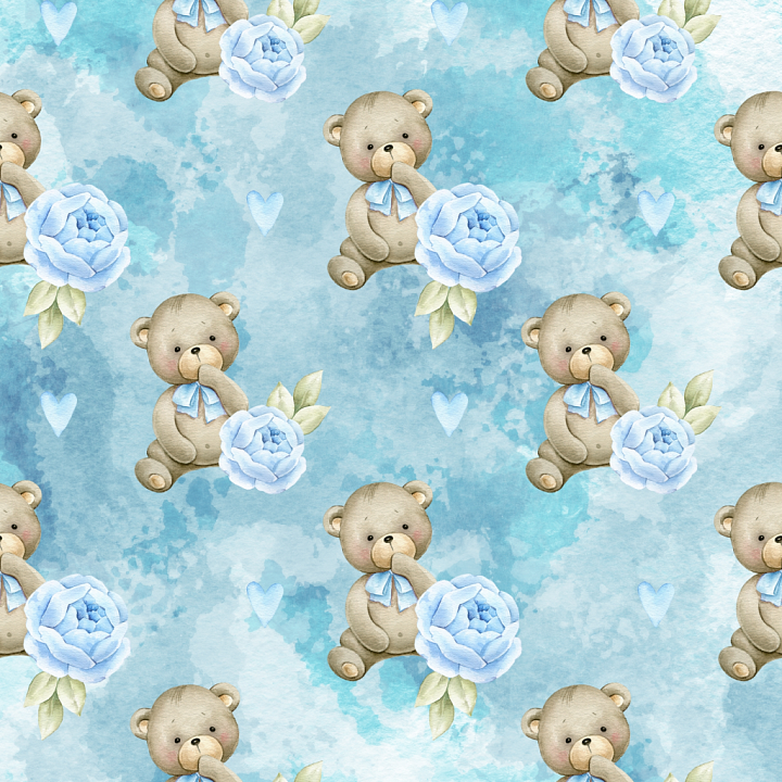 Soft Baby Boy Teddy Bear with Blue Flowers seamless PBR texture preview