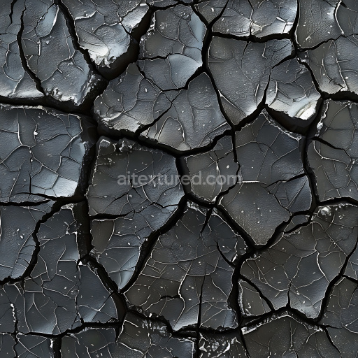 Seamless 3D PBR texture of dark cracked dry mud with deep fissures and fragmented surface
