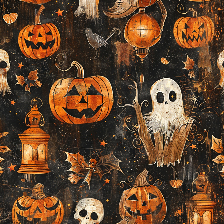 Vintage Halloween with Pumpkins and Ghosts seamless PBR texture preview