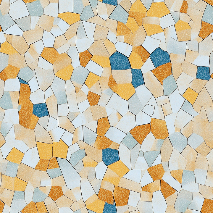 Mosaic Featuring Irregular Vintage Ceramic Tiles in Warm and Blue Tones seamless PBR texture preview