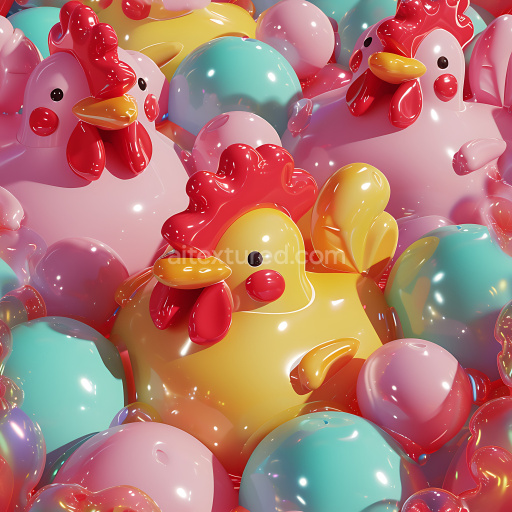 Seamless 3D Inflated PBR Texture Featuring Glossy Vinyl Cartoon Chickens and Bubbles