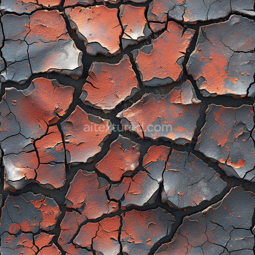 Seamless 3D cracked and hole PBR texture featuring rusty red and gray peeling paint