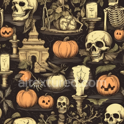 seamless Seamless 3D PBR Texture with Vintage Halloween Skulls, Pumpkins, and Candles texture 8k free download PBR