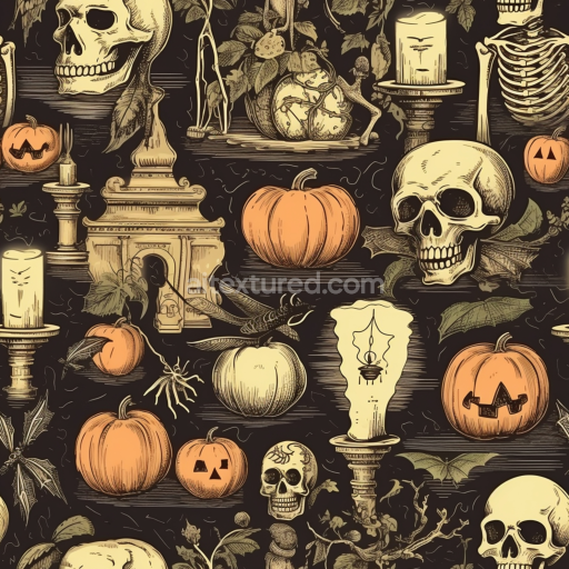 Seamless 3D PBR vintage Halloween fabric texture with pumpkins, skulls, and candles