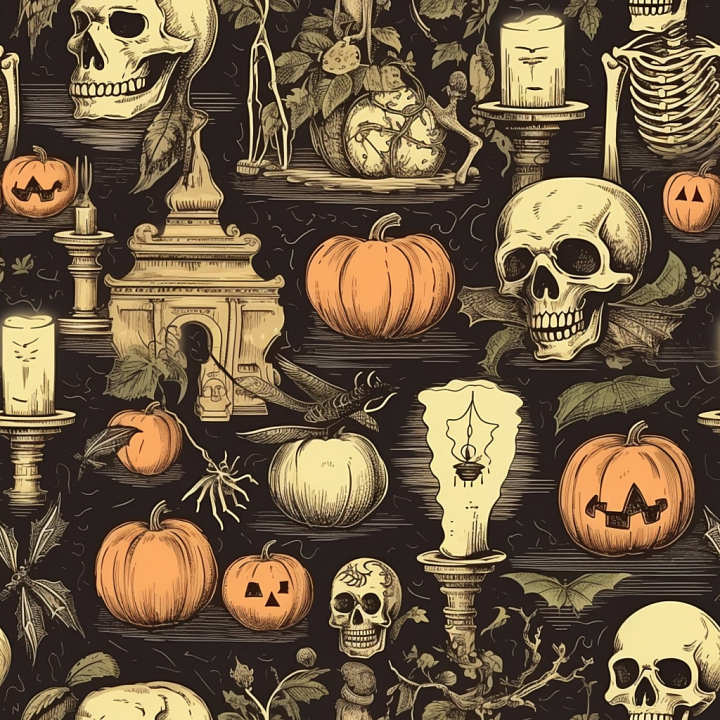 Vintage Halloween Fabric With Pumpkins, Skulls, And Candles seamless PBR texture preview