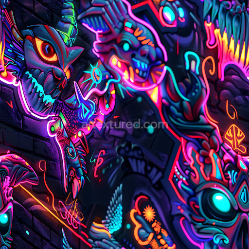 Seamless 3D PBR Graffiti Texture Featuring Neon Urban Paint and Abstract Characters