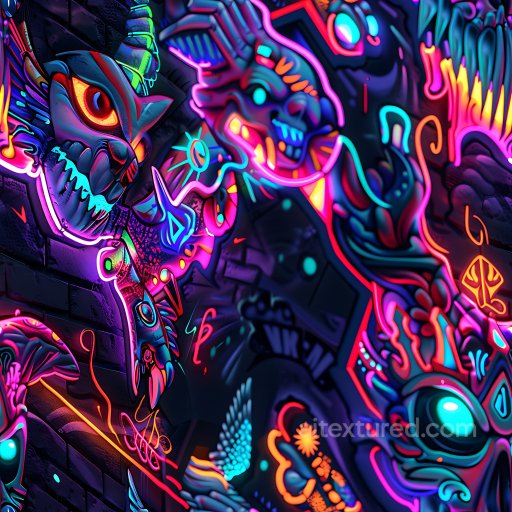 Seamless 3D PBR Graffiti Texture Featuring Neon Urban Paint and Abstract Characters texture preview