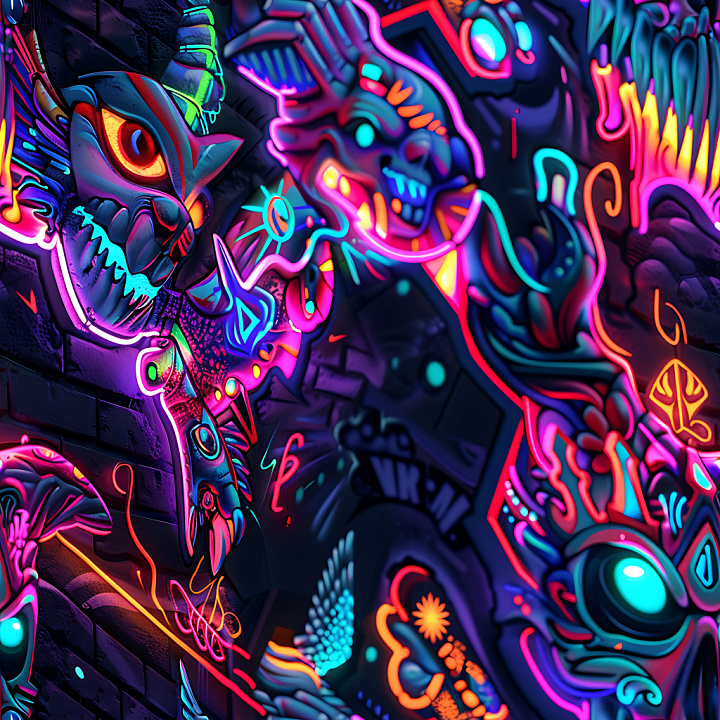 Graffiti Featuring Neon Urban Paint and Abstract Characters seamless PBR texture preview
