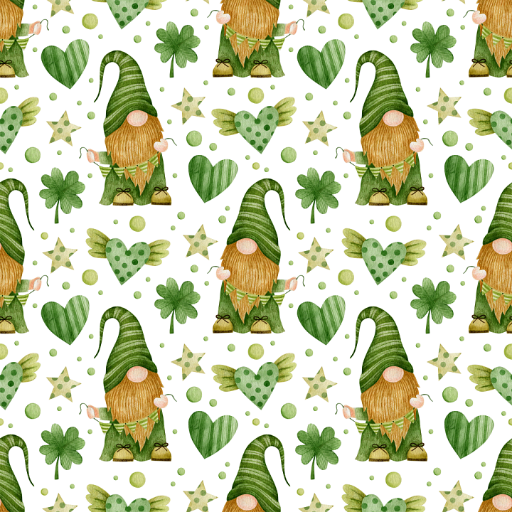 Watercolor St Patrick Gnome and Shamrock Pattern seamless PBR texture preview