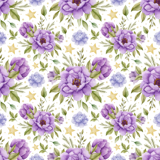 Seamless 3D PBR Texture Featuring Purple Watercolor Flowers with Green Leaves and Stars