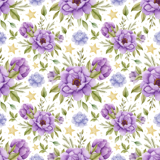 Featuring Purple Watercolor Flowers with Green Leaves and Stars seamless Purple Flower PBR texture