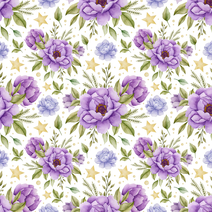 Featuring Purple Watercolor Flowers with Green Leaves and Stars seamless PBR texture preview