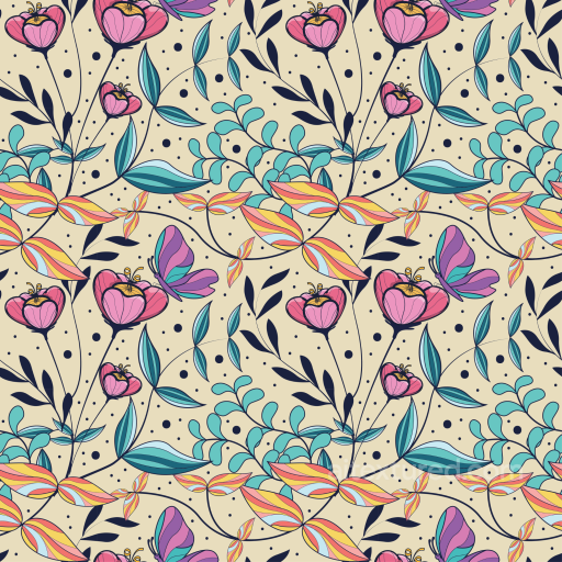 Floral Fabric Texture with Colorful Leaves and Butterflies seamless Floral  PBR texture