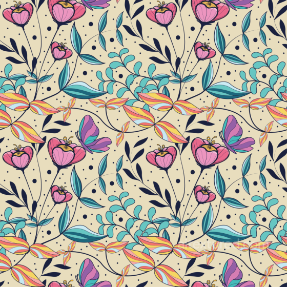 Floral Fabric Texture with Colorful Leaves and Butterflies Floral texture preview