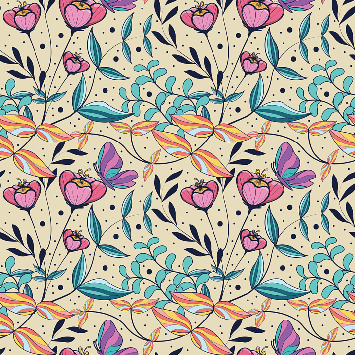 Floral Fabric with Colorful Leaves and Butterflies seamless PBR texture preview