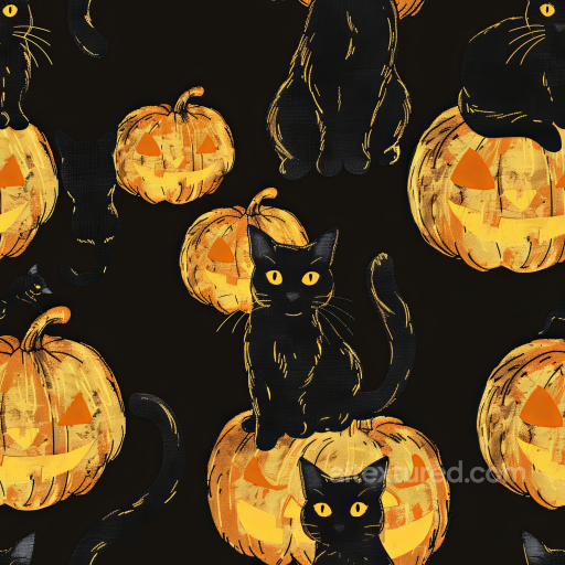 Watercolor Halloween Fabric Texture Featuring Black Cats and Jack-o'-Lanterns seamless Watercolor Halloween PBR texture