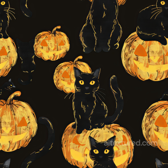 Watercolor Halloween Fabric Texture Featuring Black Cats and Jack-o'-Lanterns Watercolor Halloween texture preview