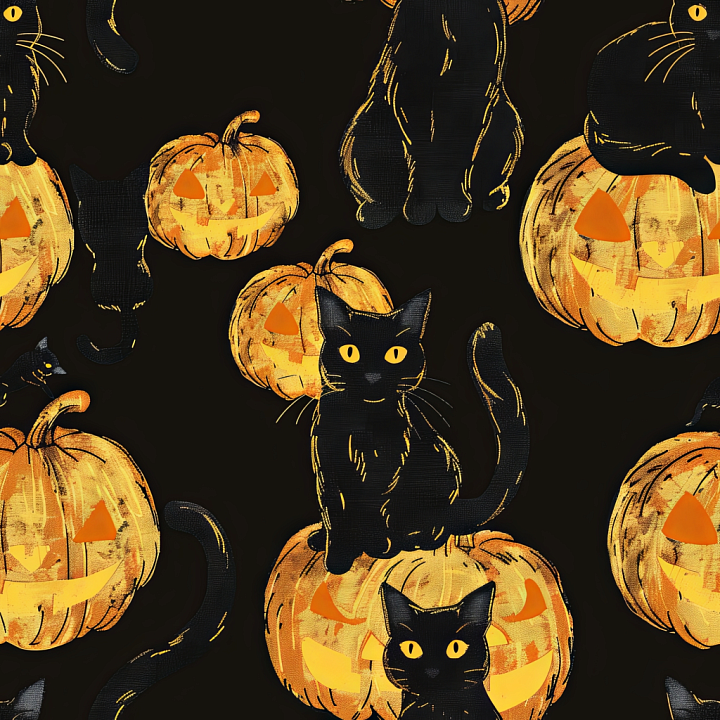 Watercolor Halloween Fabric Featuring Black Cats and Jack-o'-Lanterns seamless PBR texture preview