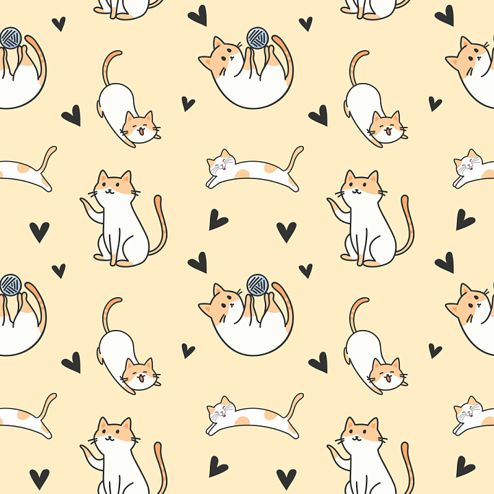 Pattern Featuring Playful Cartoon Cats and Hearts on Soft Beige seamless PBR texture preview
