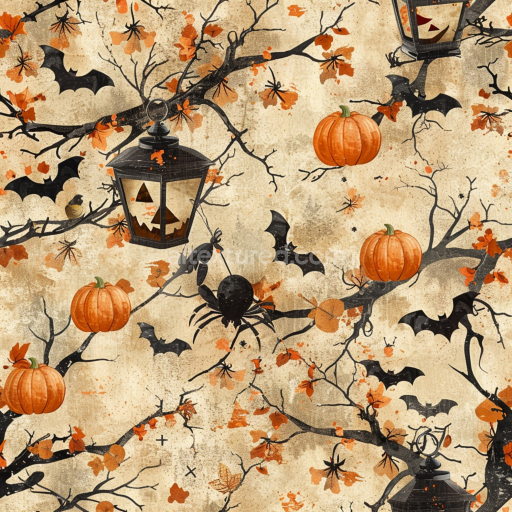 Seamless 3D PBR Vintage Halloween Fabric Texture with Pumpkins, Bats, and Lanterns