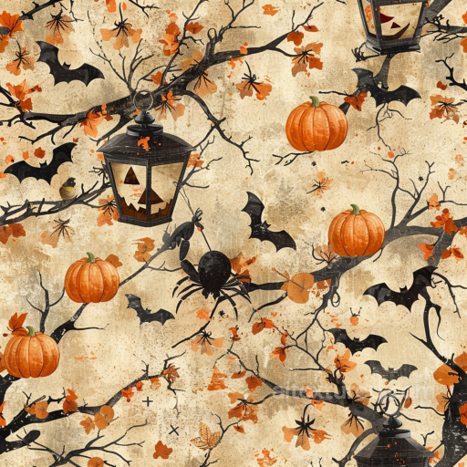 Of Vintage Halloween Fabric With Pumpkins, Bats, And Lanterns seamless Vintage Halloween PBR texture