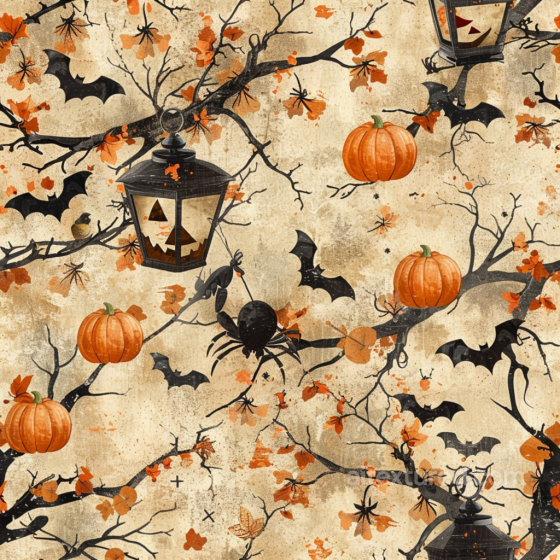 Of Vintage Halloween Fabric With Pumpkins, Bats, And Lanterns Vintage Halloween texture preview