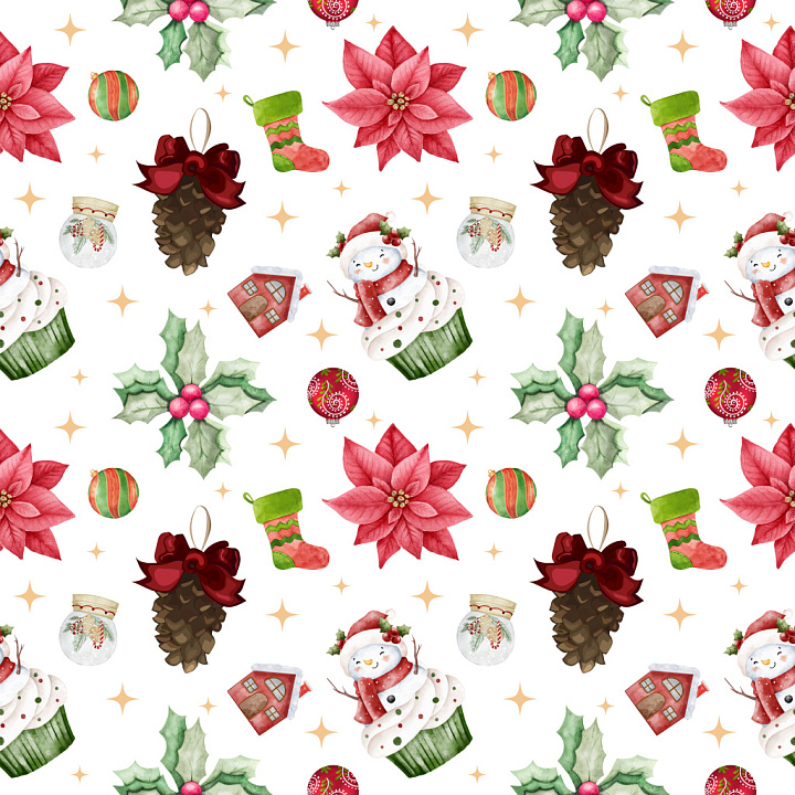 Pattern Featuring Whimsical Christmas Motifs and Soft Watercolor Style seamless PBR texture preview